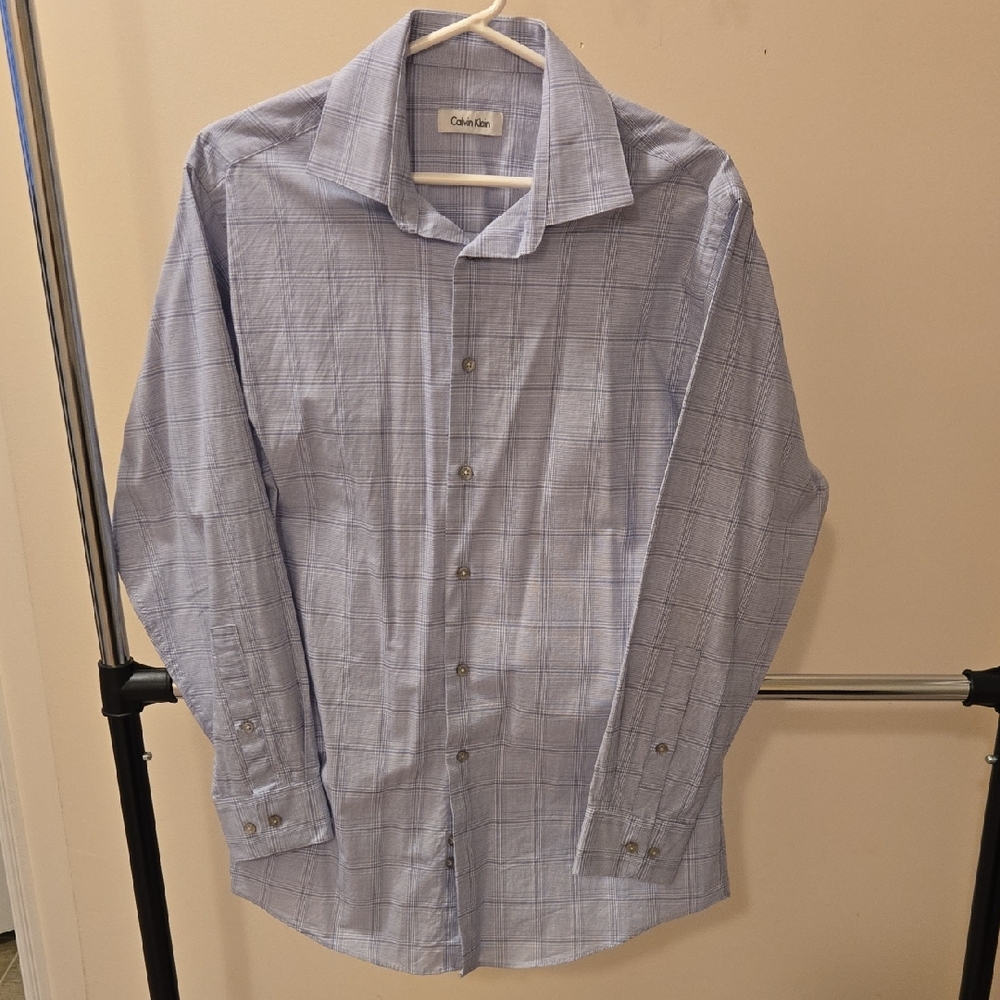Calvin Klein Men's Light Blue Plaid Dress Shirt
